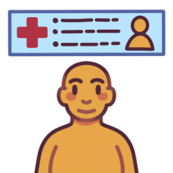 a person with a blue rectangle over their head, showing a Red Cross, a small picture of them, and bullet points with writing.